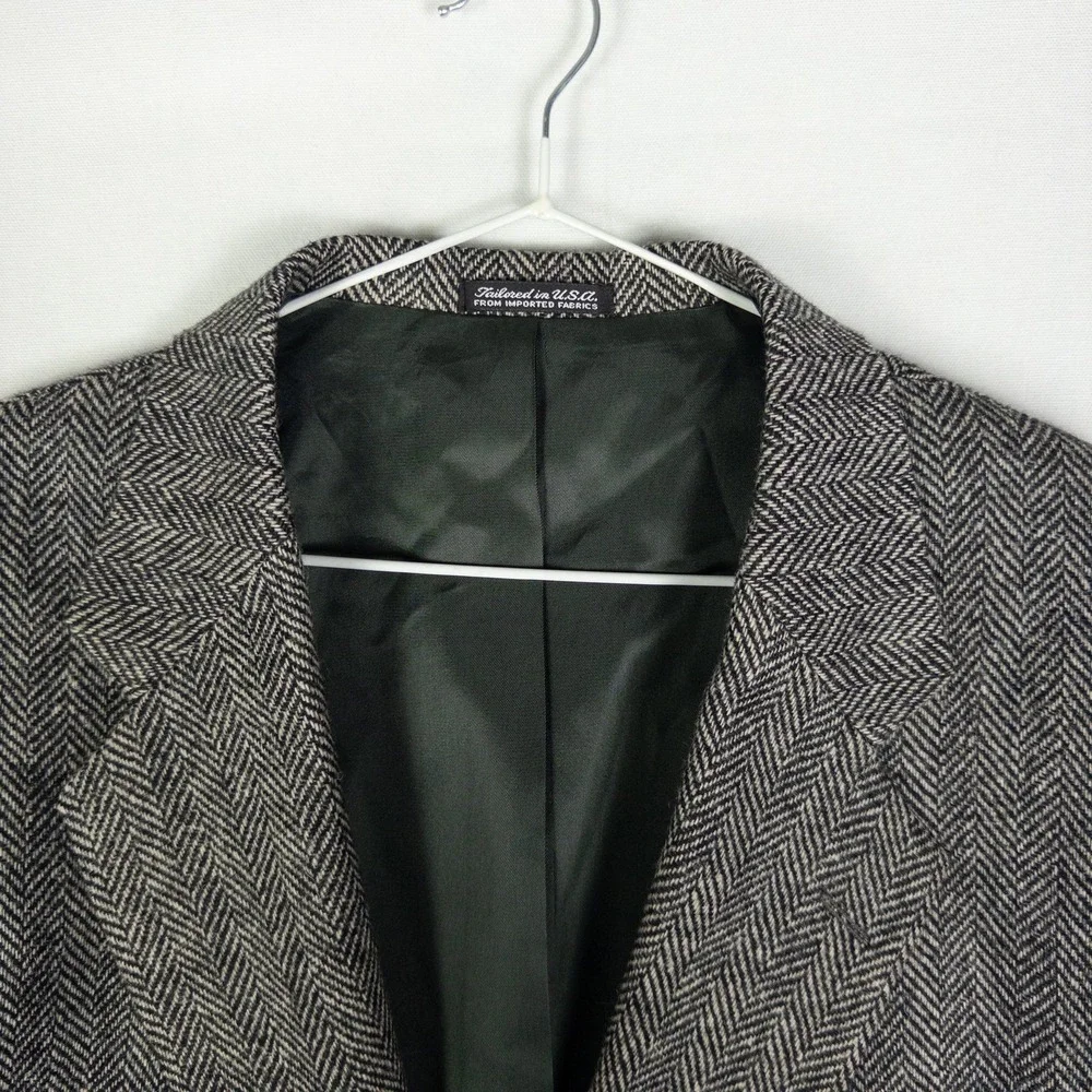 Vintage Savile Row Wool Herringbone Blazer Mens 42L Gray Tailored USA Dark Acade